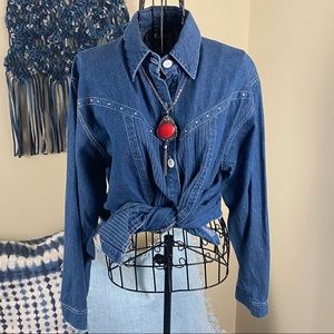 Vintage Western Denim Rhinestone Blouse Sz M